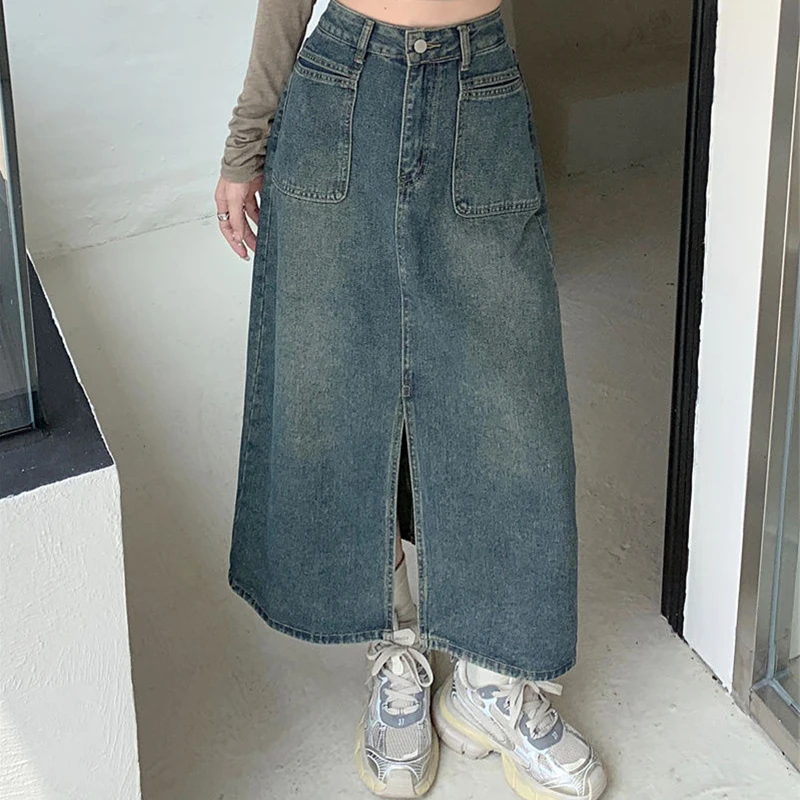 

High Waisted Split Denim Skirt for Women New Slim A-Line Skirt for Spring/summer 2024 Pocket Washed Mid Length Skirt