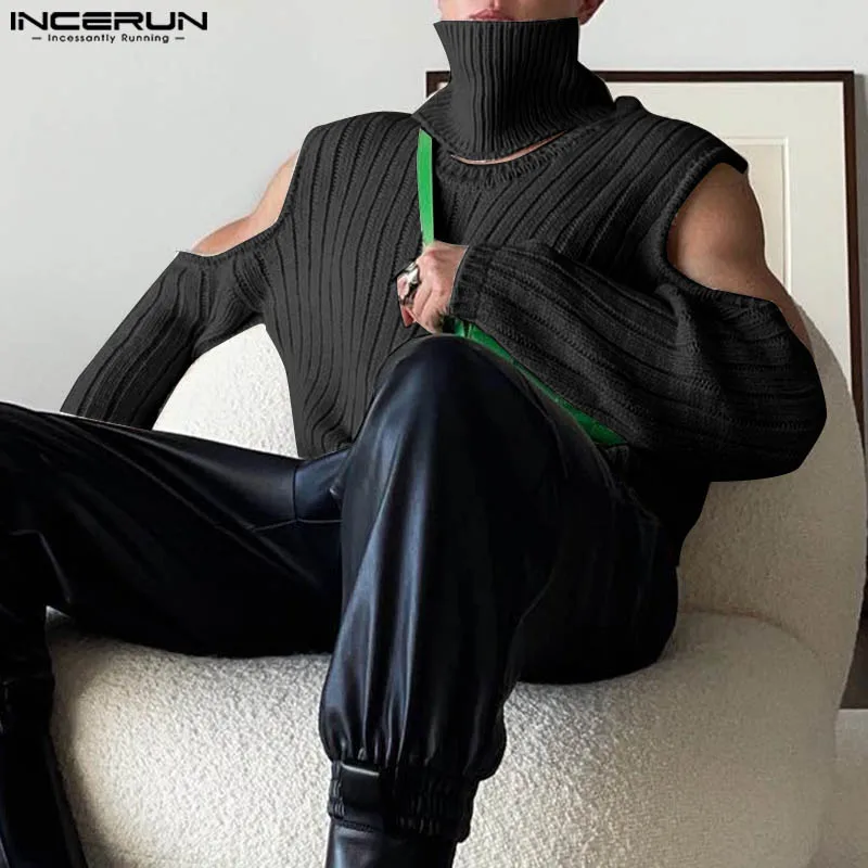 

INCERUN Men Pullovers Solid Color Knitted Turtleneck Off Shoulder Long Sleeve Hollow Out Tops Streetwear 2025 Fashion Sweaters