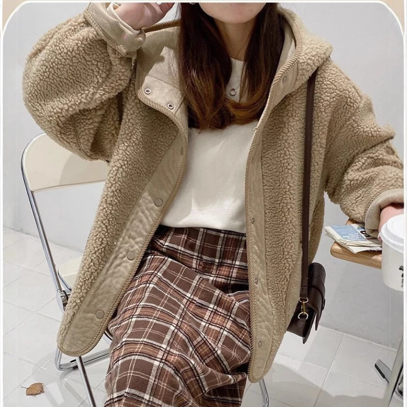 

Winter Lamb Plush Thick Hooded New Women's Clothing Korean Version Loose Fit Button Trend Simplicity All-match Pocket Chic Coats