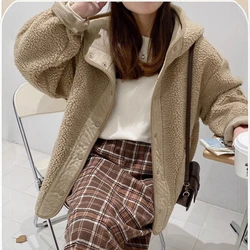 Winter Lamb Plush Thick Hooded New Women's Clothing Korean Version Loose Fit Button Trend Simplicity All-match Pocket Chic Coats