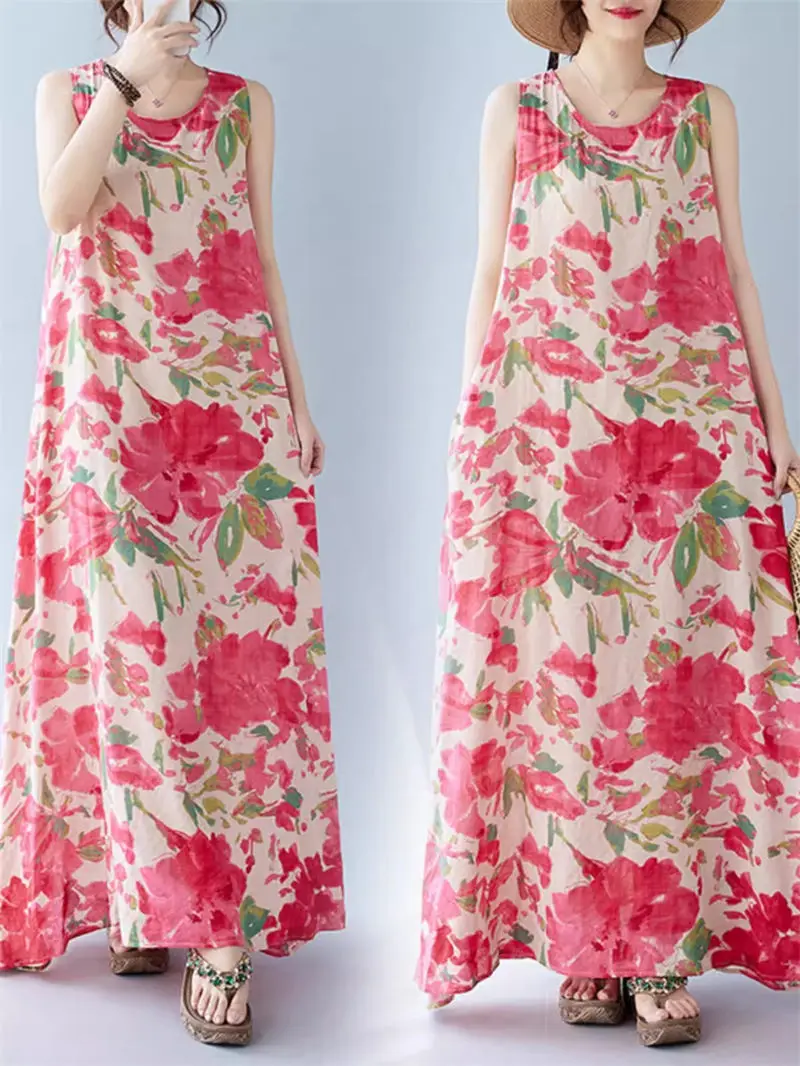 2024 New Bohemian Long Dress Summer Large Size Loose Sleeveless Round Neck Fashion Casual Printed Vest Dress K1740