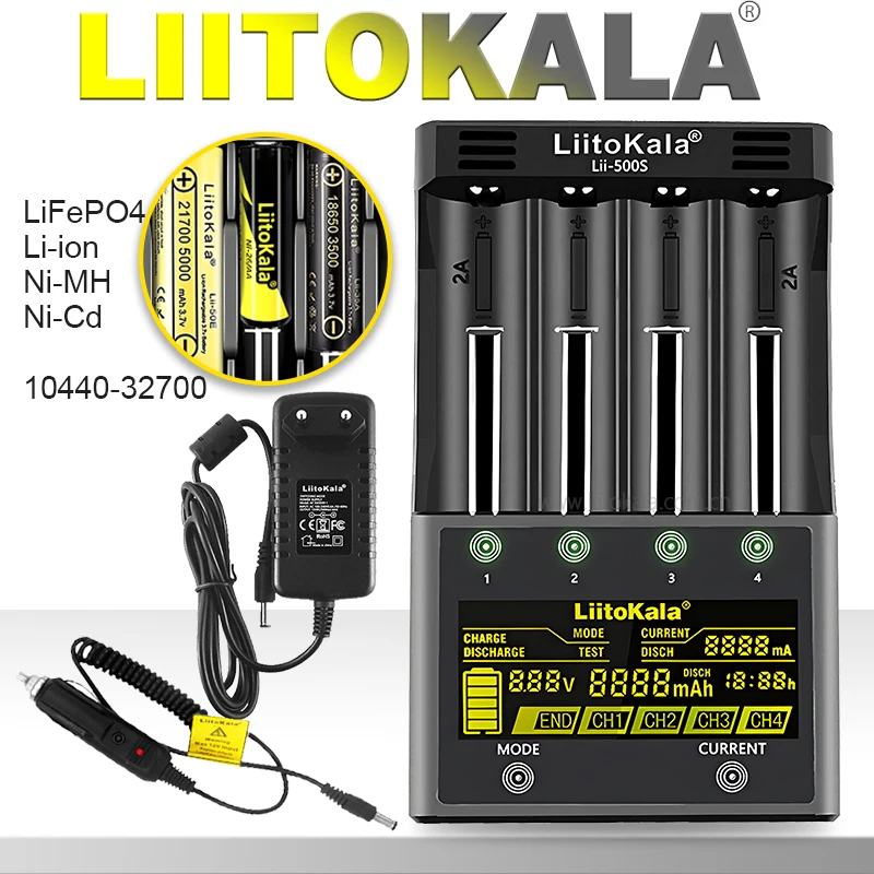 LiitoKala Lii-500S Smart Charger 4 Slot LCD 18650 26650 21700 14500 Li-ion NiMH AA AAA Fast Charge Capacity Test Discharge