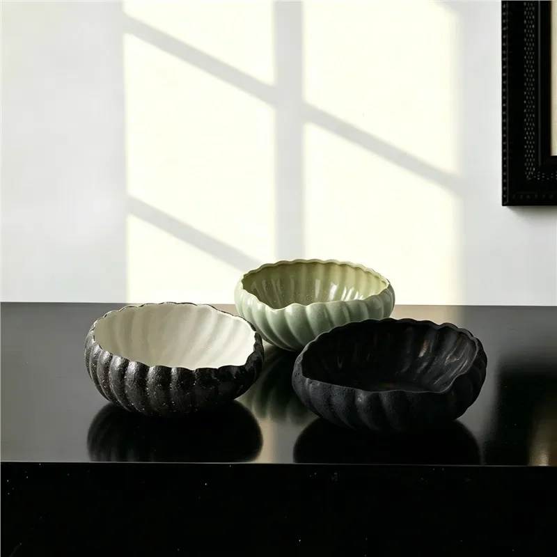 Modern Ceramic Fruit Bowl with Melon Edge Texture Simple Wabi Sabi Style Dining Table Decorative Plate for Home Kitchen