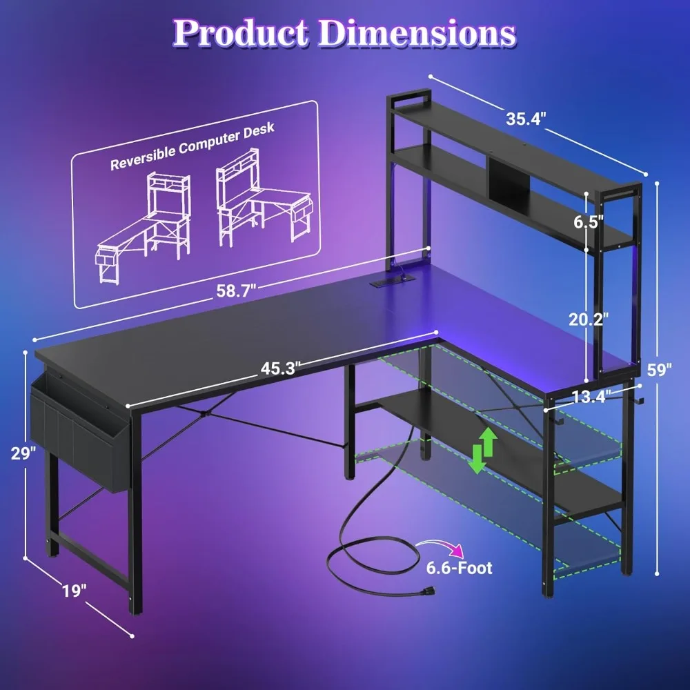 مكتب ألعاب على شكل حرف L بمنفذ طاقة مضاء بإضاءة LED، 59 مكتب كمبيوتر كبير للمكتب المنزلي والألعاب بتصميم قابل للعكس #2