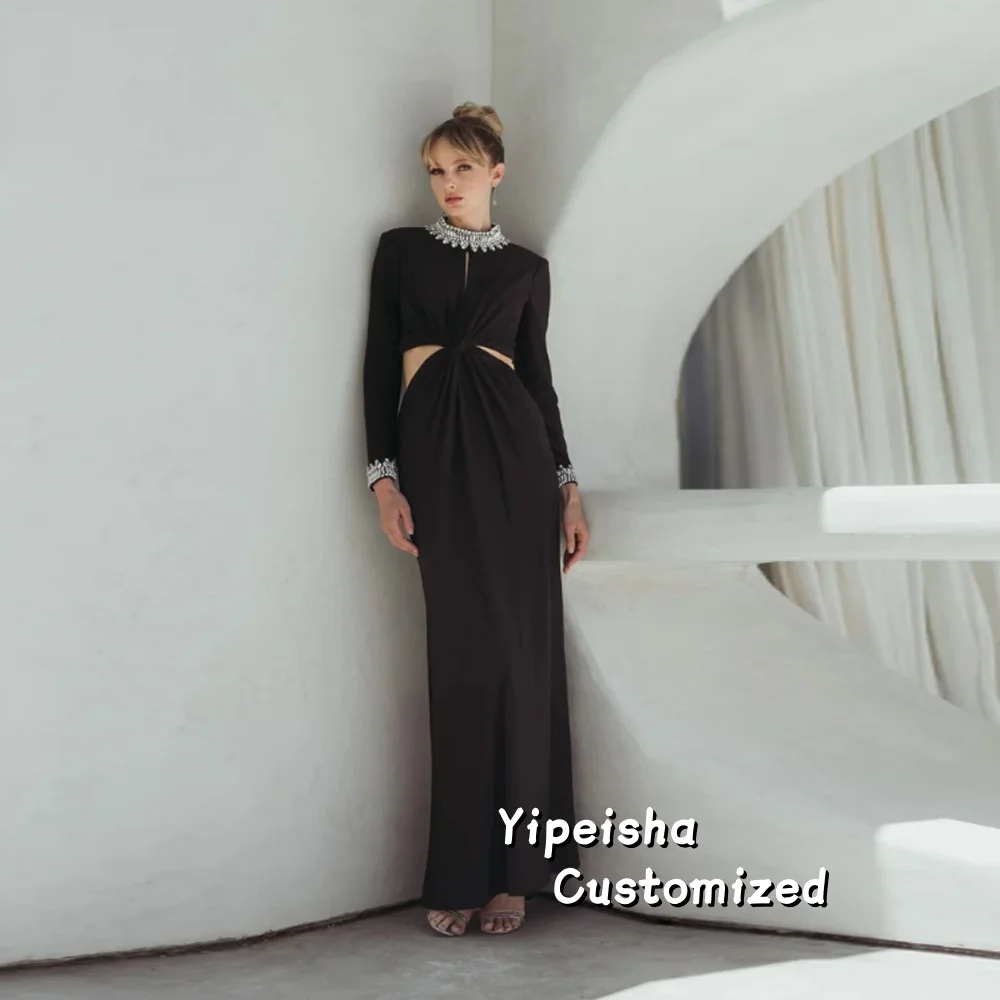 Maßgeschneiderte schwarze lange Abendkleider, elegante Ballkleider mit hohem Kragen für formelle Anlässe, knöchellange Ballkleider mit Perlenkristallen