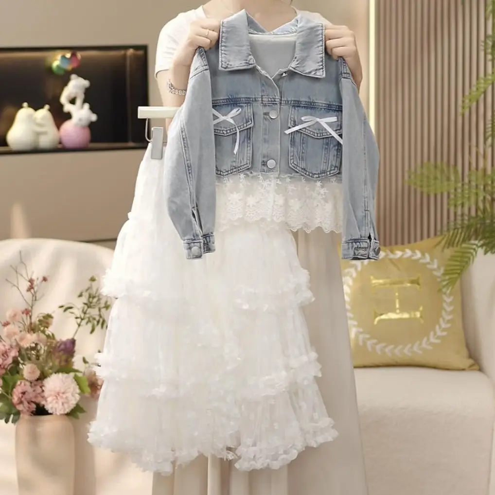 

New Baby Girls Fall Teenage Boutique Fashion Sets Jean Coat+ Mesh Skirts Princess Sweet Suits 5-12T