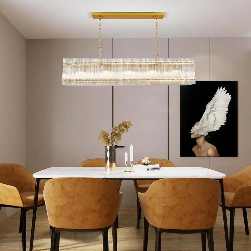 Modern Rectangular Crystal Chandelier, 10-Light Gold Pendant Light Fixture for Dining Room, Living Room, Kitchen Island
