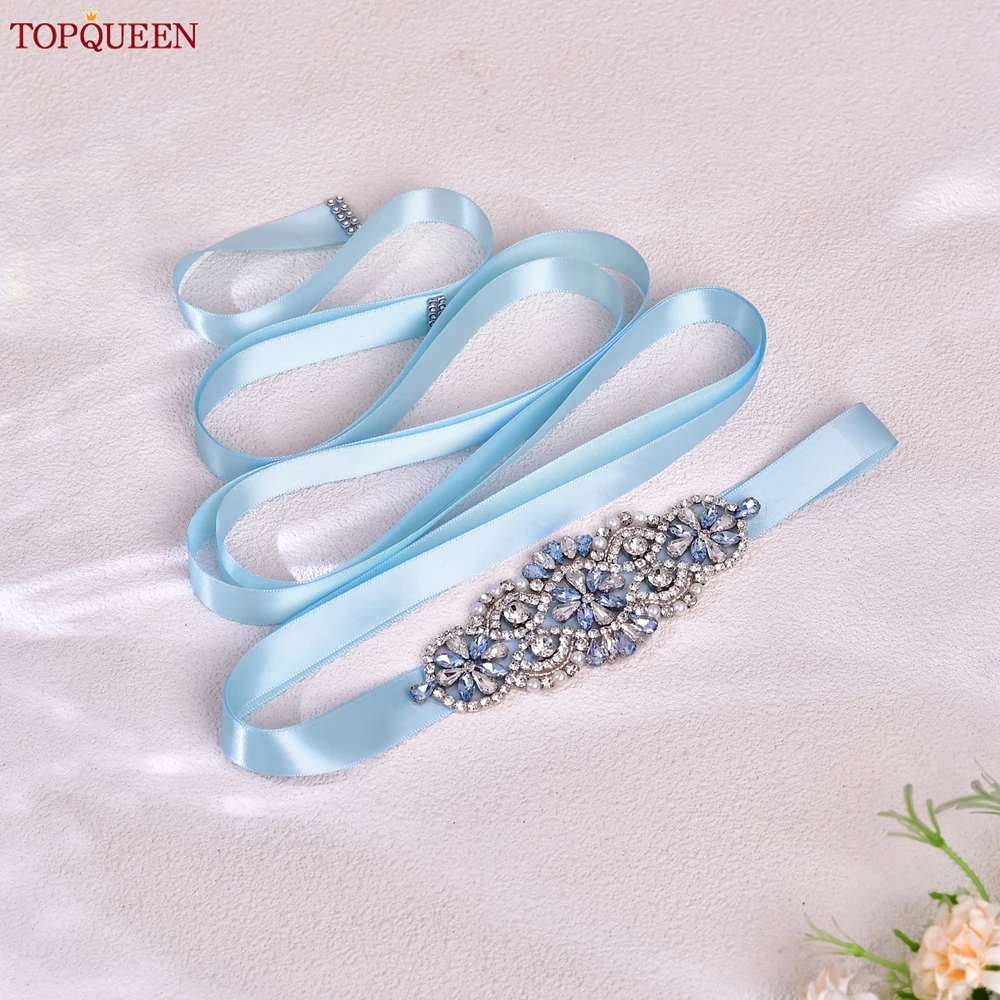 TOPQUEEN Lichtblauwe Strass Patch Riem Verjaardagsfeestje Bruiloft Handgemaakte Sjerp Betaalbare Bruidsmeisje Riem Bruidsaccessoires S76