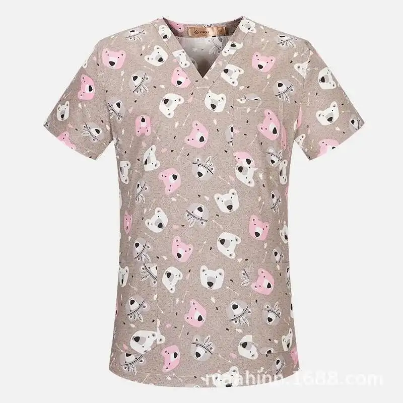 Women's Animal Short Sleeve V-Neck Carer Top Nurse Uniforms Woman Tops Beauty Salon Working Uniform Cartoon Print Workwear