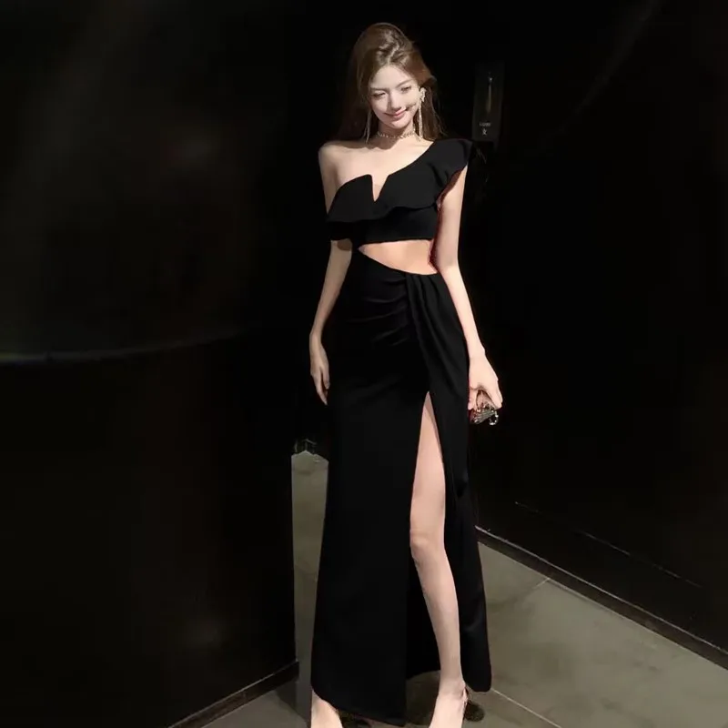 Abito da sera irregolare in vita a rete trasparente con volant e una spalla Abito da festa da discoteca aderente con spacco alto rosso nero da donna sexy