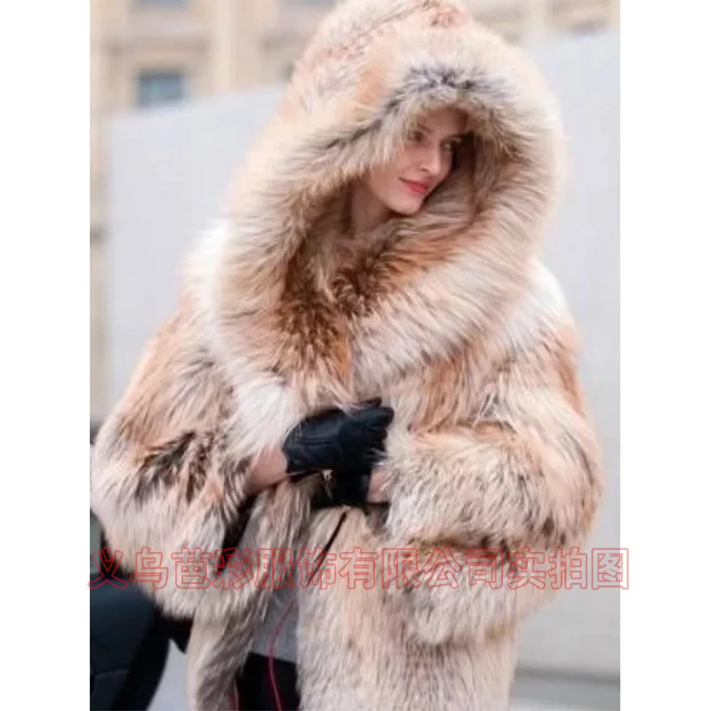 Europe and The United States Cross-border Coat Women's Coat Winter Gradual Change Imitation Fur Coat Women's Hot Fur Jacket Hood