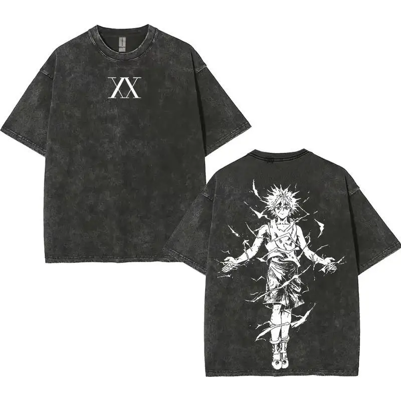 

Hunter x hunter HXH Killua Zoldyck Anime Manga Game Double Printed Acid Washed Tee T-Shirt Top graphic tee Everyday Fit