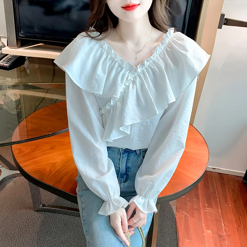 Women Trendy Ruffles Sweet Kawaii Chic Design Blouse 2024 New Spring Summer Elegant V Neck Solid Shirt Female Casual Street Tops