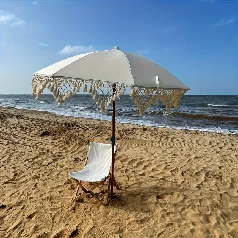 Bohemian Style White Outdoor Patio Umbrella – Swivel & Height Adjustable, Triangle Tassel Design, Suitable for Beach, Courtyard