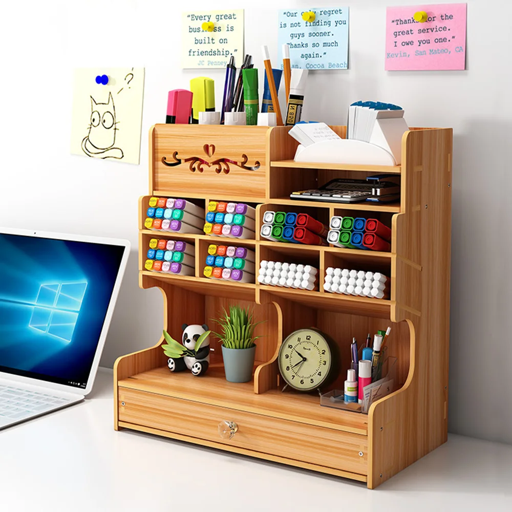 Lychee Life-Wooden Oblíqua Inserção Pen Holder, Desktop Papelaria Storage Box, File Storage Stand Case, MultiGrid Pencil Organizer