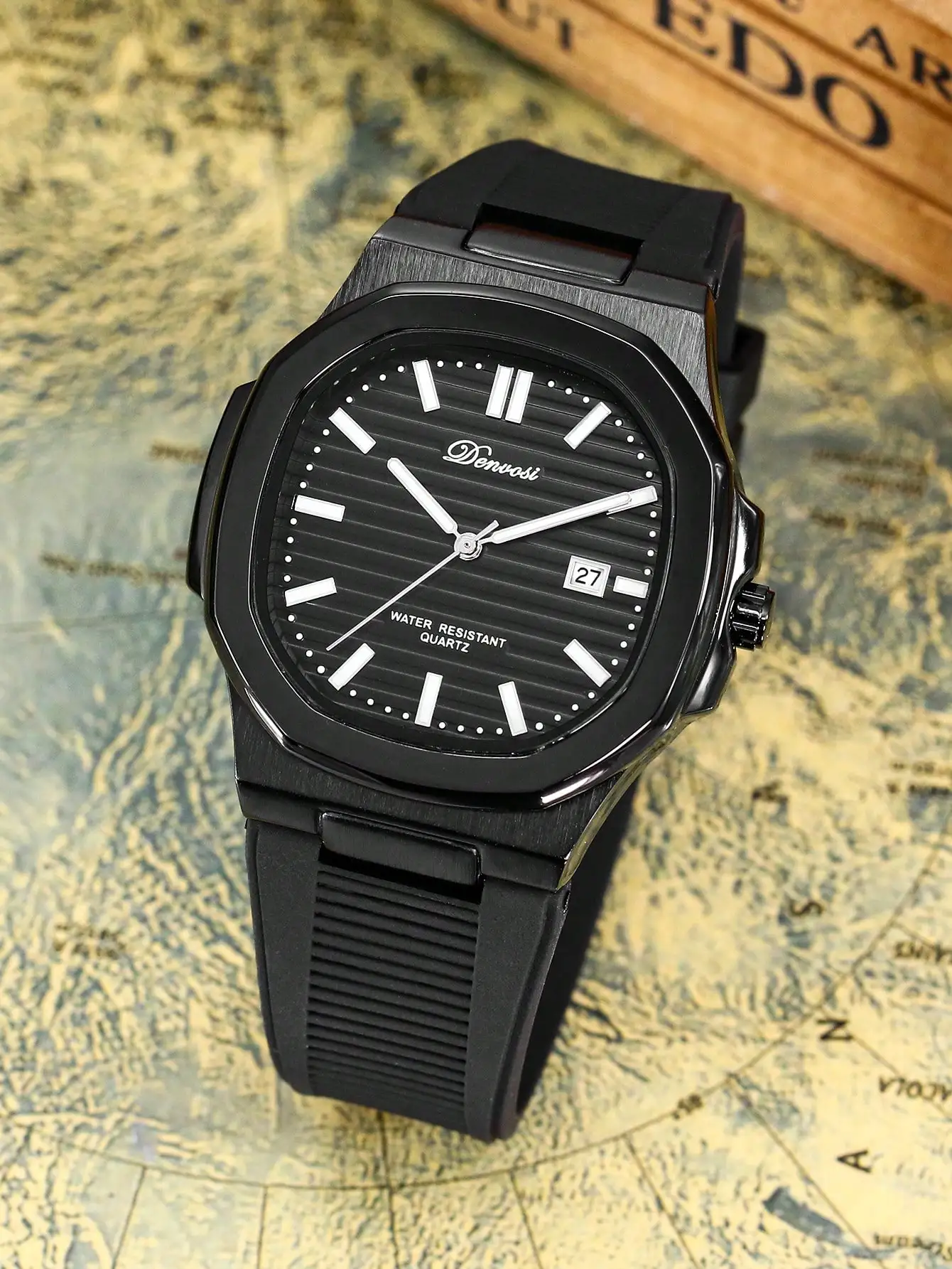 1pc DENVOSI Men's Silicone Strap Luminous Marker Business Quartz Watch, Waterproof, Date Display, Everyday Fashion Accessory