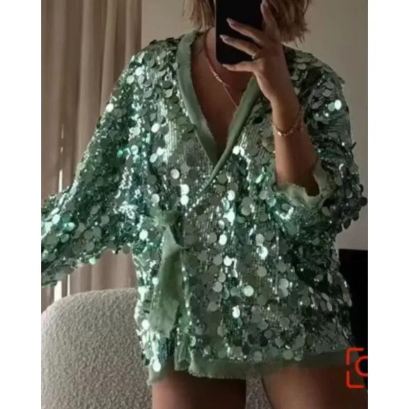 Women Sequin Long Sleeve Loose Jacket New Autumn Winter Lady Sexy V Neck Lace Up Club Coat Fashion High Street Patchwork Outwear