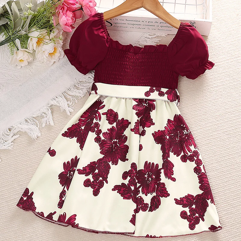 Dress For Kids 4-7 Years Summer Girls Puff Sleeves Print Dress Four Colors Available Vintage Princess Wedding Party Gift Costume