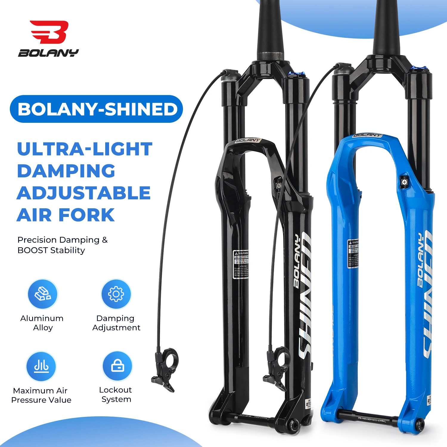 BOLANY MTB Air Fork 26/27.5/29 Inch Tapered Suspension Fork Rebound Adjustable 15x110mm Boost MTB Air Fork Thru Axle Disc Brake
