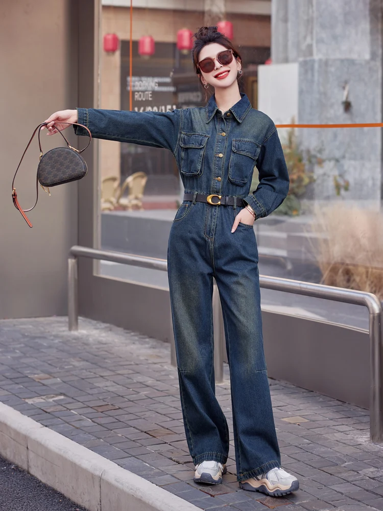 

Элегантный джинсовый комбинезон для работы, женский, весна-осень, с высокой талией, длинные брюки, хлопковая смесь, с пуговицами и карманами