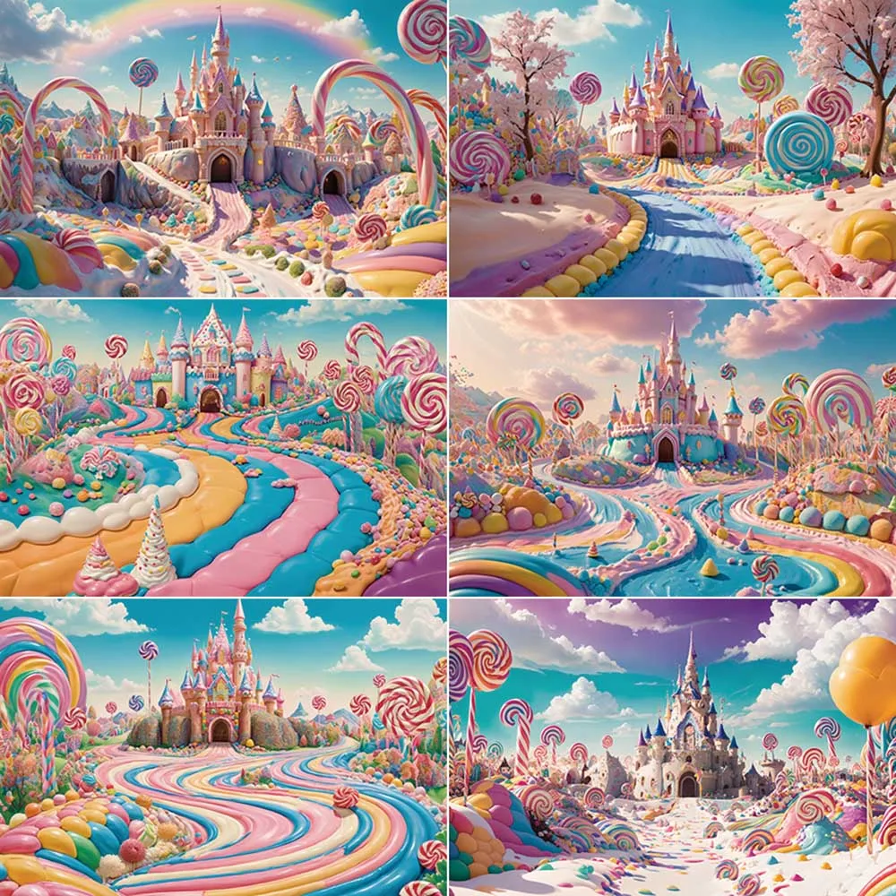 MOON.QG Girls Rainbow Castle Birthday Party Photocall Backdrop Children Candyland Studio Background Customized Photography Props