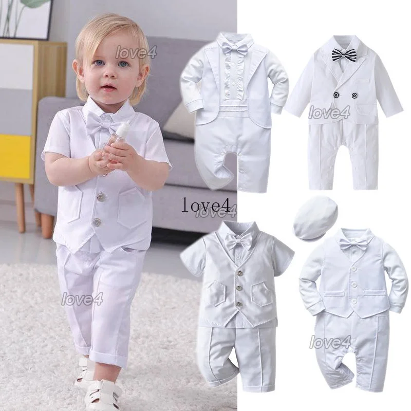 0-18M White Formal Bodysuits One-Pieces for Christening Baptismal Wedding Baby Boy Clothes Set Birthday Onesies Gentlemen Suit