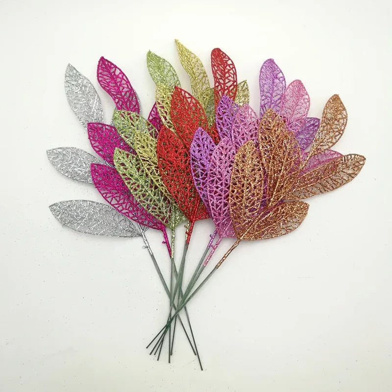 20pcs 32cm Glitter Powder Leaf Bayberry Branch Flower Arrangement For Christmas Party Tree Venun Hanging Decoration