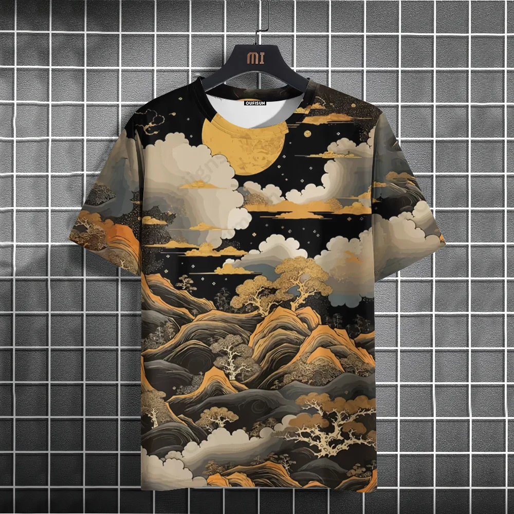 T Shirt For Men Fish Mountain Sea Wave 3D Printed Tees Summer Oversized Short Sleeve Pullover Streetwear Round Neck Clothing