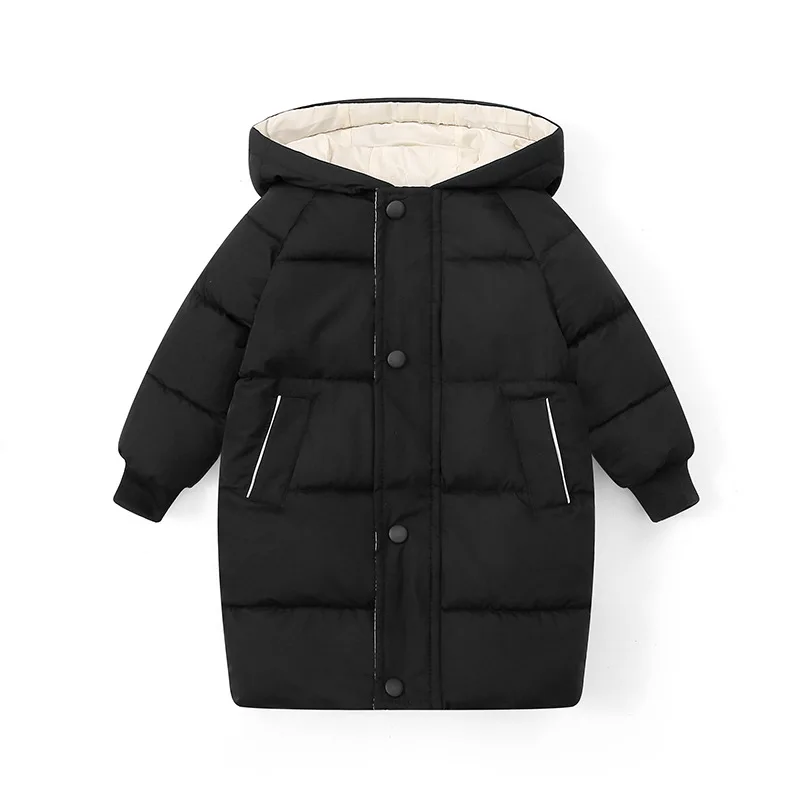 Winter Children Long Solid Color Cotton Jacket Boys Girls Outdoor Warm Windproof Coat Baby Hooded Soft Casual Wear Kids Campus