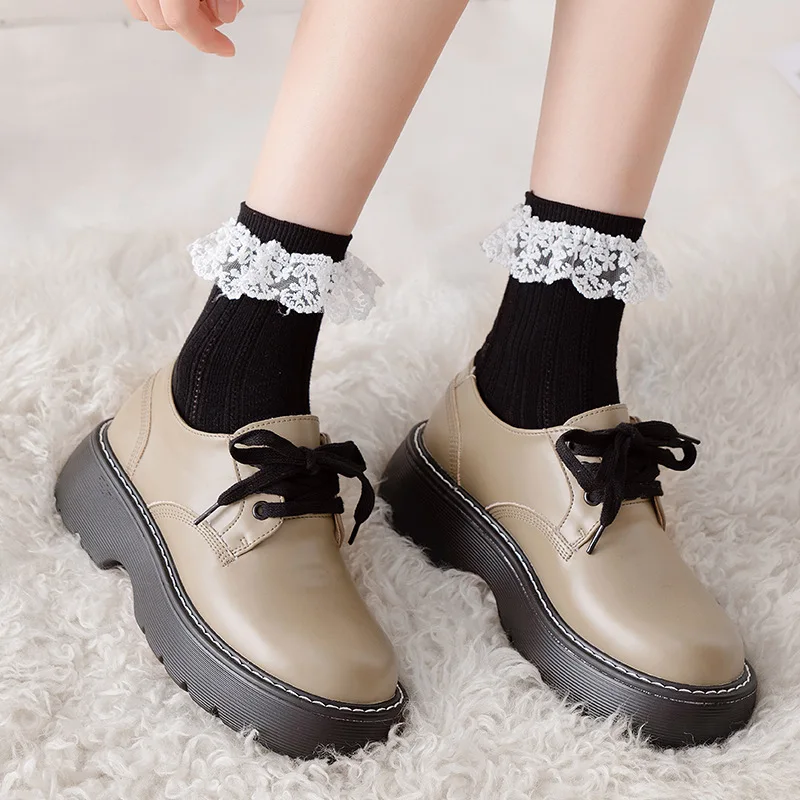 Lolita Lacework Ruffle Socks Sweet Girls Kawaii Cute Princess Socks JK Japanese Fashion Solid Color Black White Beige Long Socks