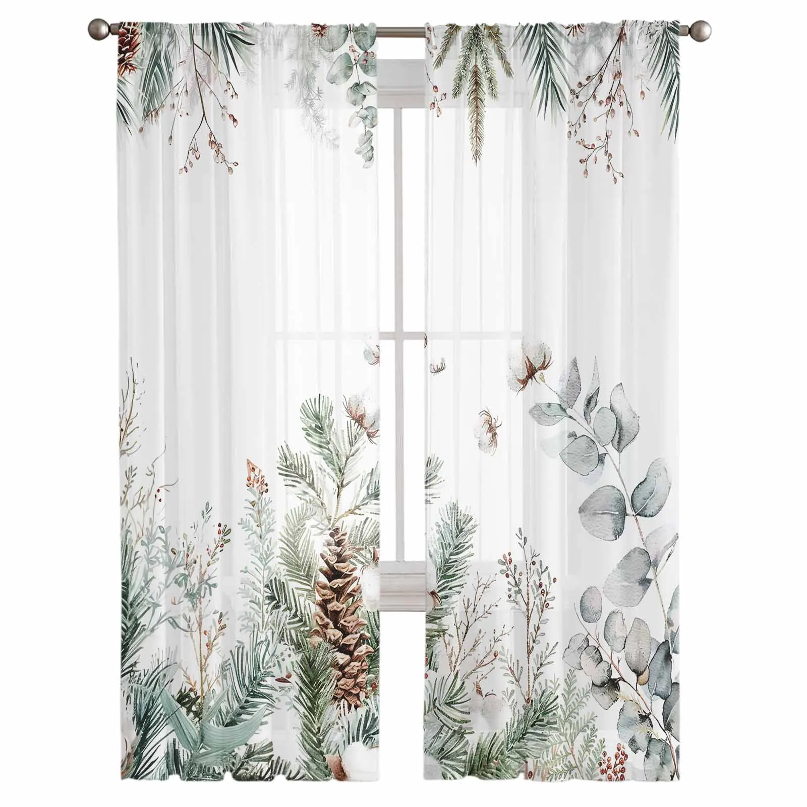 Christmas Eucalyptus Leaves Pine Cones Cotton Chiffon Sheer Curtains for Living Room Bedroom Decor Kitchen Voiles Tulle Curtain