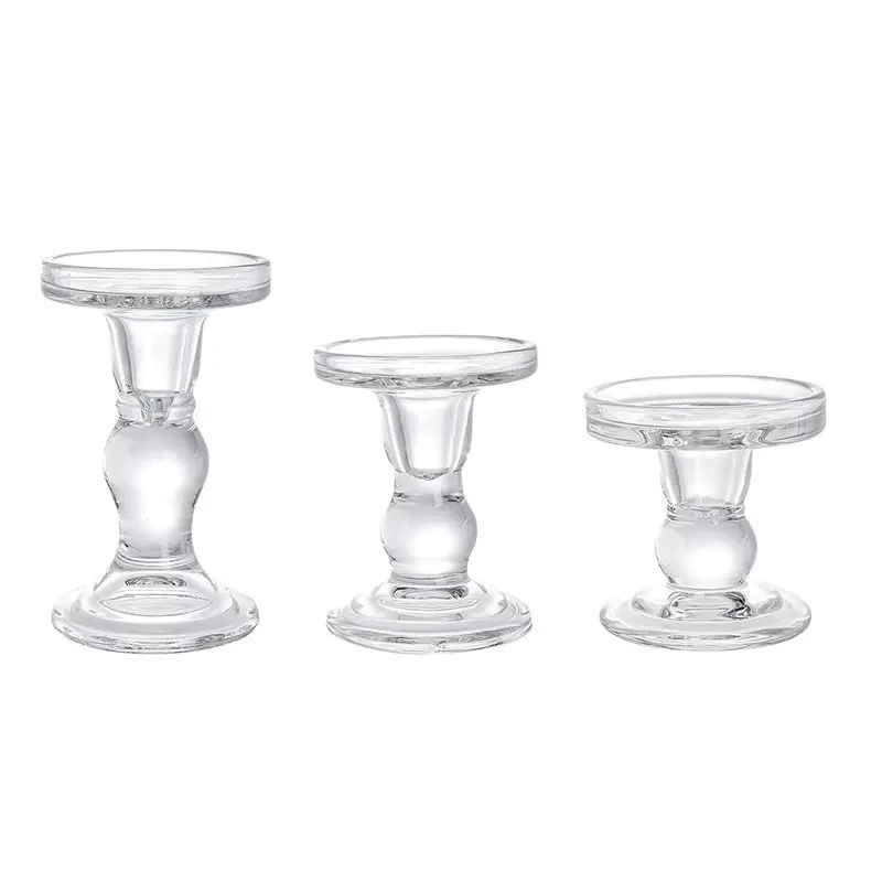 Glass Candle Holders, Clear Pillar Taper Candlestick Crystal Candle Holder Stand For Dinner Table 3Pcs Durable Easy To Use-AT36