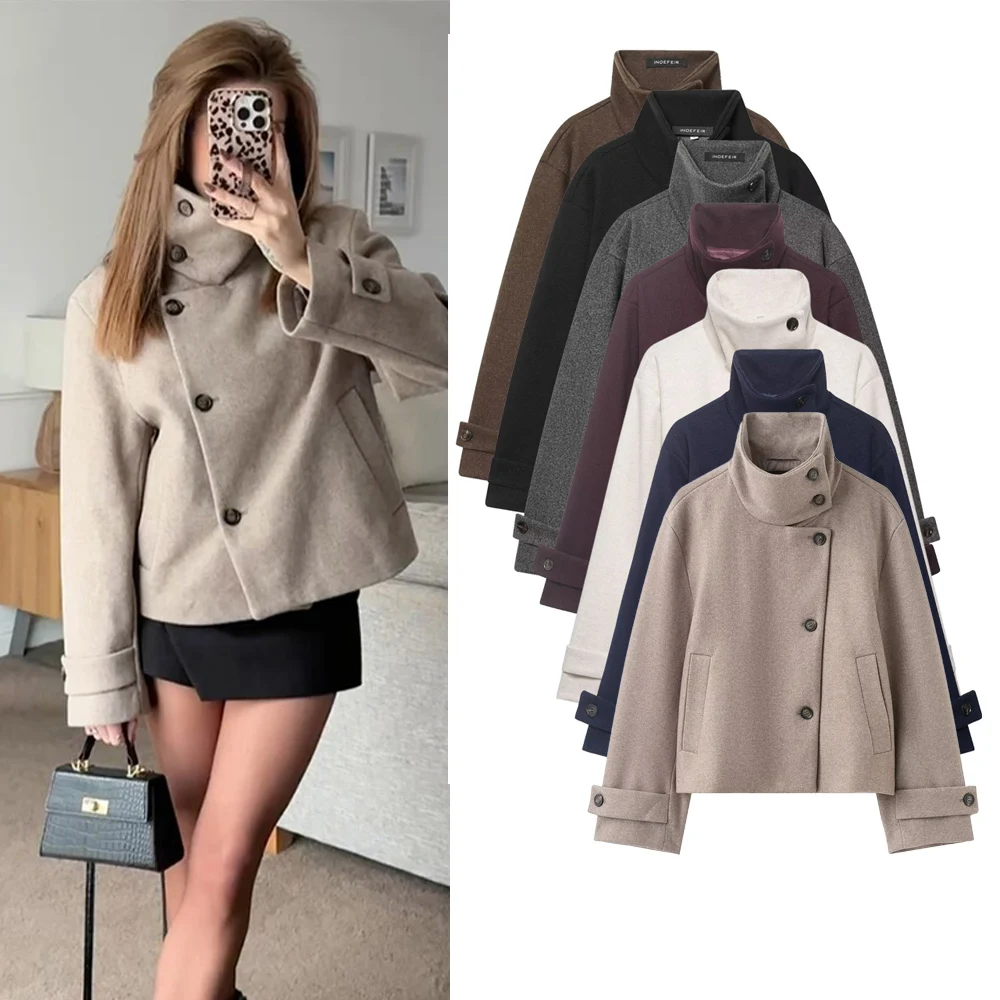 Autumn Winter Women's Stand Collar Woolen Jackets Coat Female Single Breasted Loose Long Sleeve Coats Thick Warm Wool Outwear