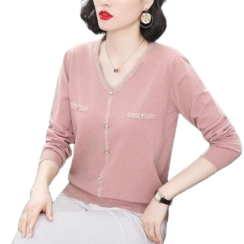 

2022 New V Neck Pullover Sweater Mother Autumn Women's Coat Long Sleeves Knitting Shirt Female Slim Fit Bottoming Shirt Top