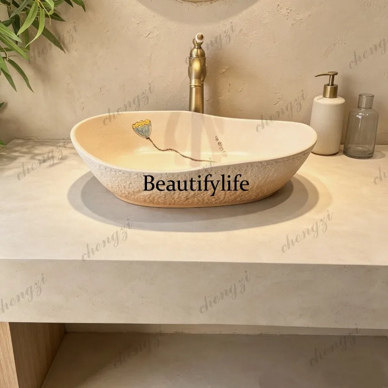Retro medieval hand-painted, on-stage wash basin, bathroom, balcony face wash, household outdoor single basin