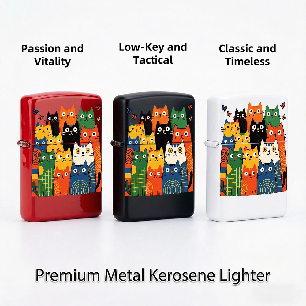 Flip Top Lighter Colorful Group Of Cats With Butterflies Art Pattern lighters vintage lighters for smokers Cute Style