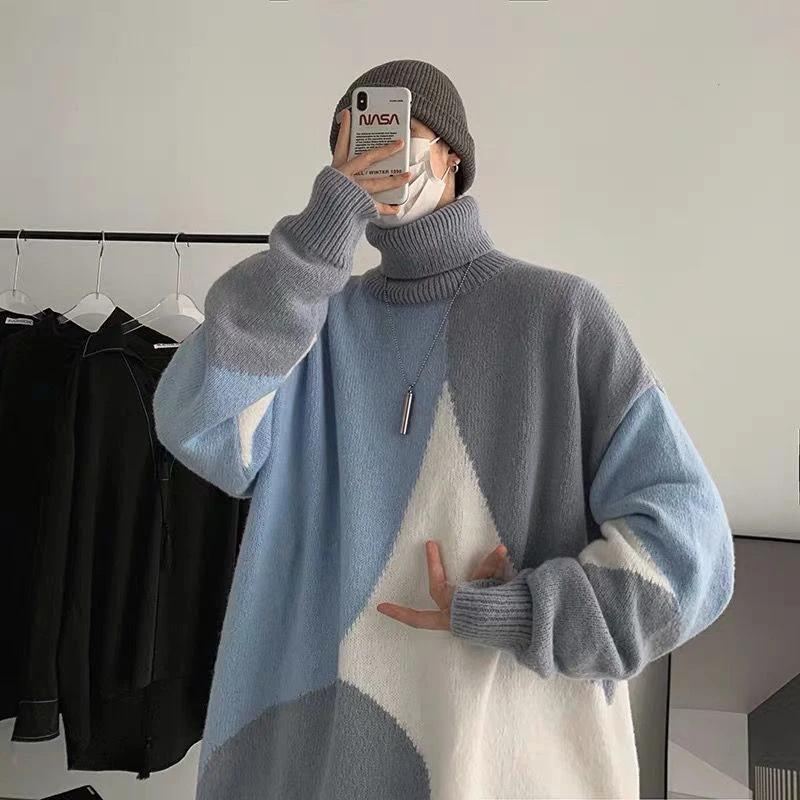 Winter Turtleneck Sweater Men Long Sleeve Spliced Hit Color Thickened Keep Warm Fashion Harajuku Oversized Pullover Clothing Top