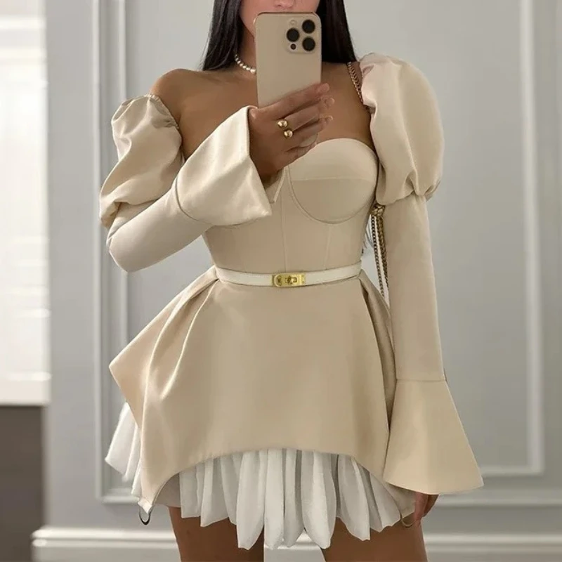 

Women's Summer 2025 New Design Sense Wrap Chest Patchwork Irregular Puff Sleeve Dress Short Skirt