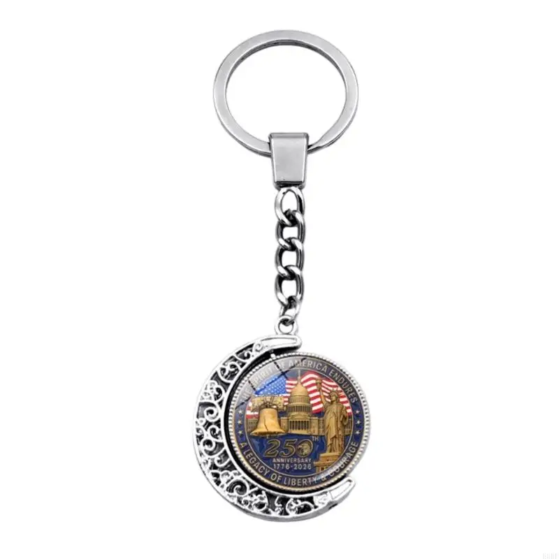 250Th Anniversary US Rotating Double Sided Pendant Keychain Zinc Alloy Glass E0BF