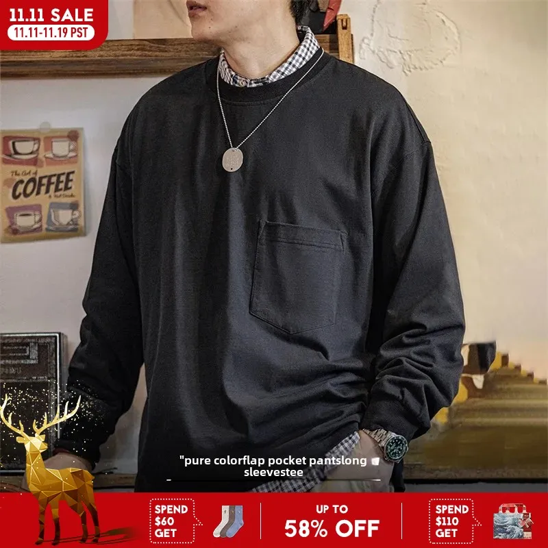 

Maden Повседневная однотонная футболка с длинными рукавами и карманами, круглый вырез, свободная хлопковая рубашка Cityboy с внутренним слоем для мужчин