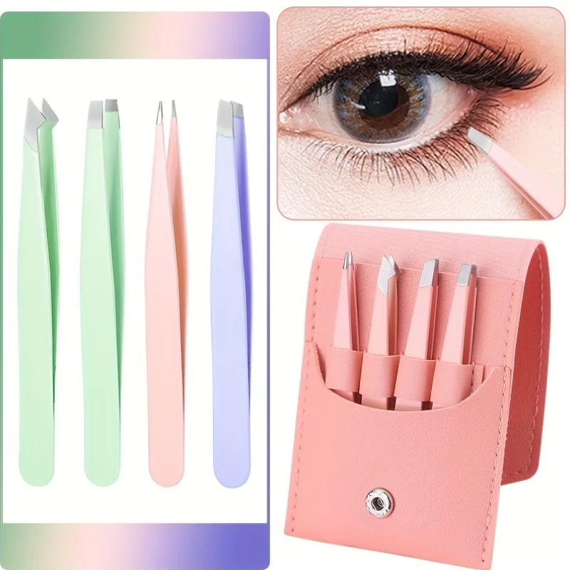 

4pcs Stainless Steel Eyebrow Tweezers Purple Set, Makeup Tools for Eyelash Extension, Eyebrow Shaping, Beard Hair Removal