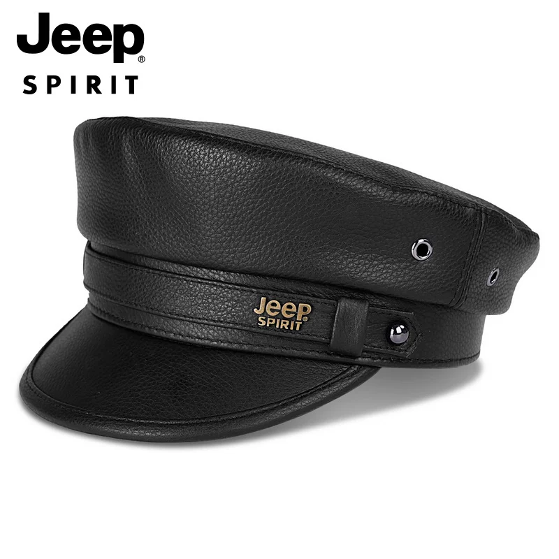 

Jeep Unisex Genuine Cowhide Leather Cap Captain's Cap Flat Top Military Cap Golf Cap Baseball Cap Trucker Hat, Best Gift