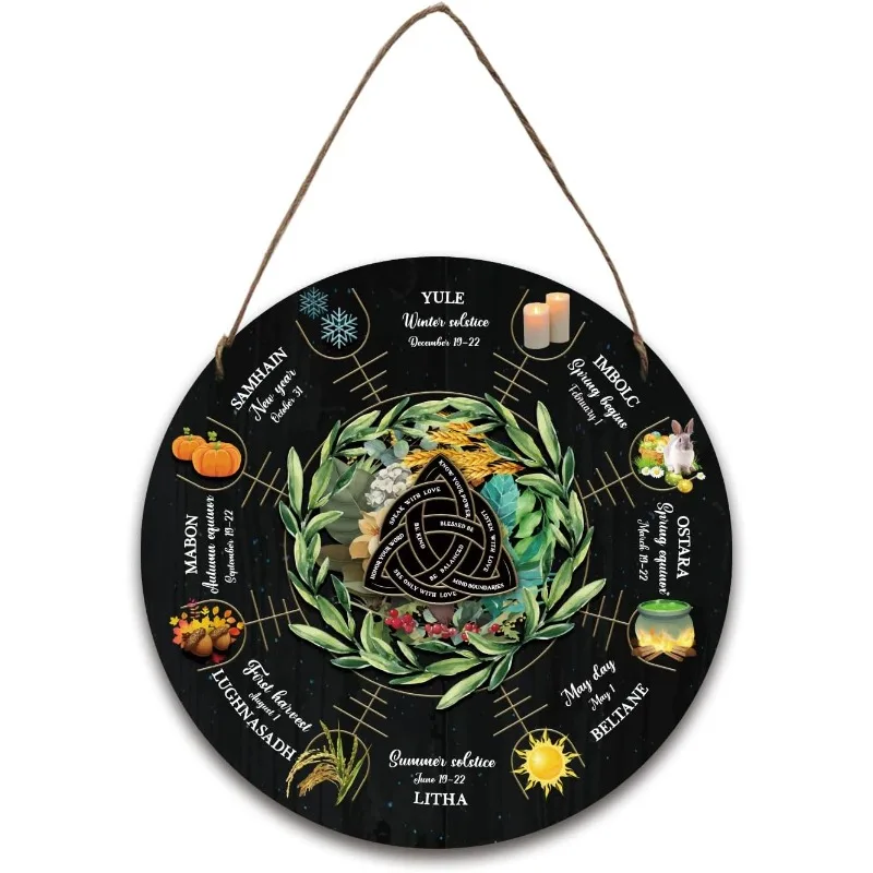 1pc Wheel of The Year Wood Sign 11.8 Inch Wicca Calendar Yule Altar with Knot Pattern Witches Runes Sabbats Pagan Sign