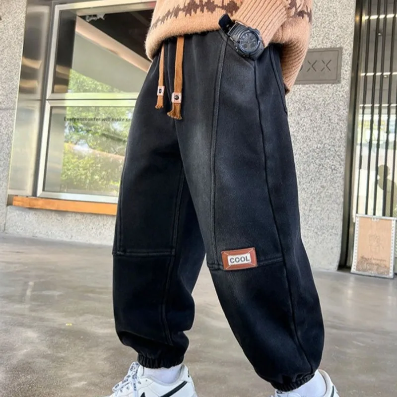 

2025 Autumn Winter New Boys' Fleece-Lined Jeans - Thickened One-Piece Design Black Cuffed Ankle Winter Jeans for Toddler Boys