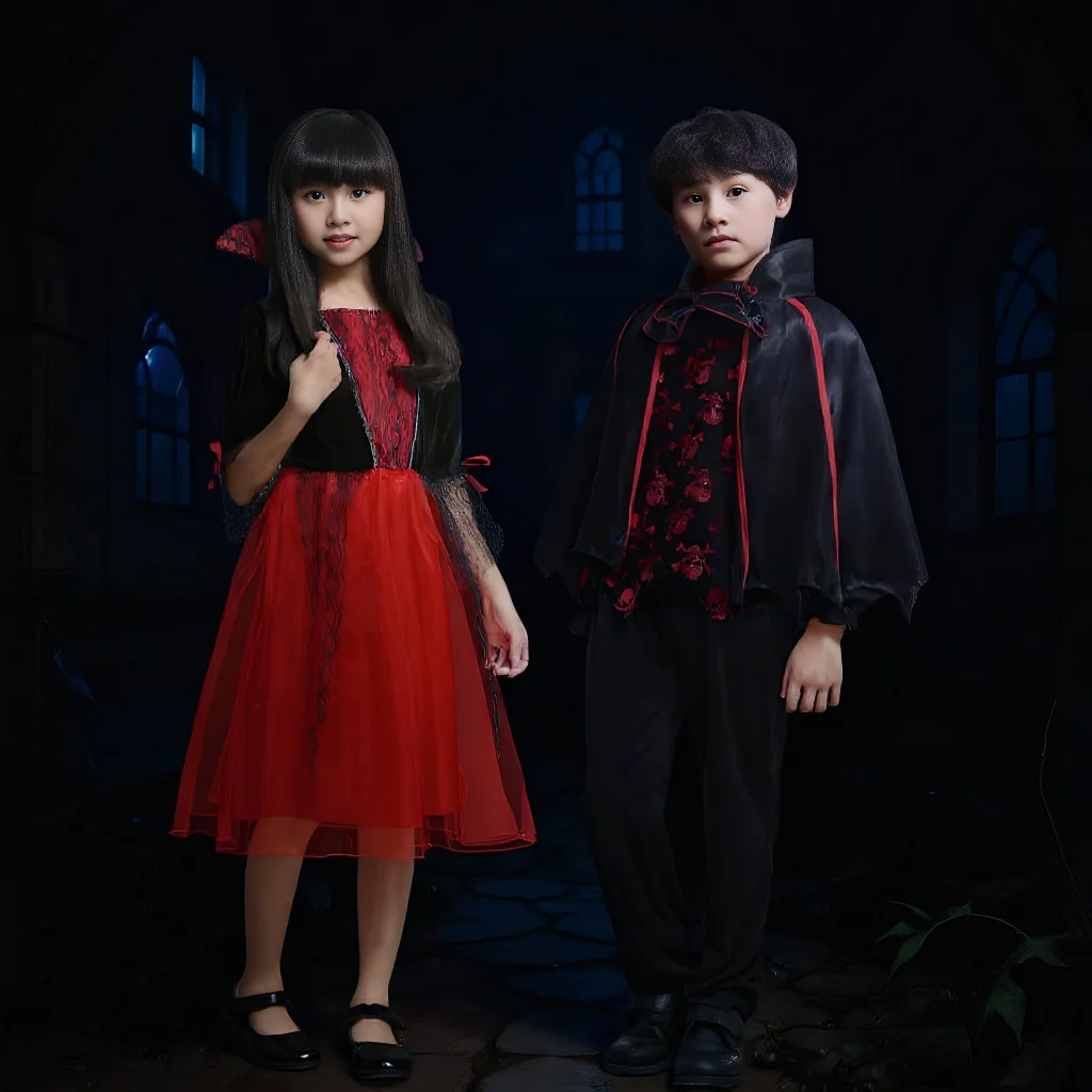 

2025 Halloween Carnival Kids Cosplay Horror Fantasy Disguise Vampire Elegant Black Red Cute Costume Witch Dress With Accessories