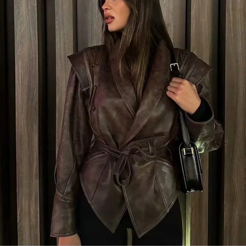 

Women's Spring Autumn Outerwear Tops Leather Belt Vintage Loose Fashion Premium Design Leisure Simple Brand New Soft Niche