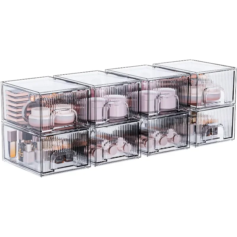 

8 Pack Clear Stackable Storage Drawer, Acrylic Drawer, Cosmetic Organizer, Plastic Organizer for Dresser, Under, Kitchen Cabinet