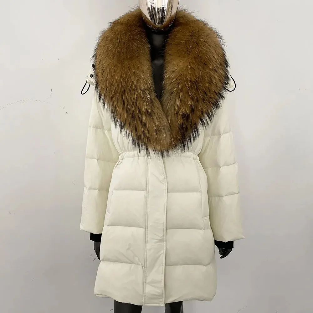 

Women Winter Duck Down Jacket Fashion Large Natural Raccoon Fur Coat Female Street Hooded Removable Real Fur Jacket Puffer Coat