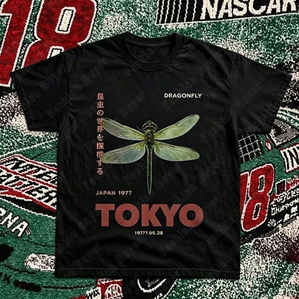 The World of Insects Dragonfly TOKYO T-Shirt Unisex Crew Neck Short-sleeved Retro Street Y2K Casual Fashion Tops Clothing