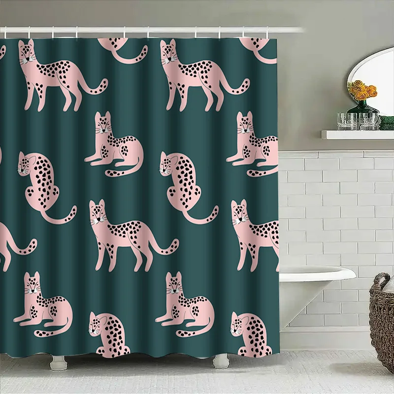 Pink Leopard Print Shower Curtain Set for Bathroom Decor Modern Green Background with Black Spots Cat Design Pattern Cover with view 4